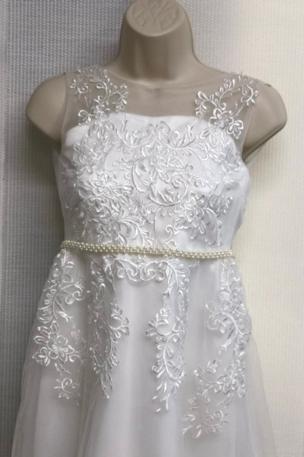 Same wedding dress restyled with a pearl-beaded belt