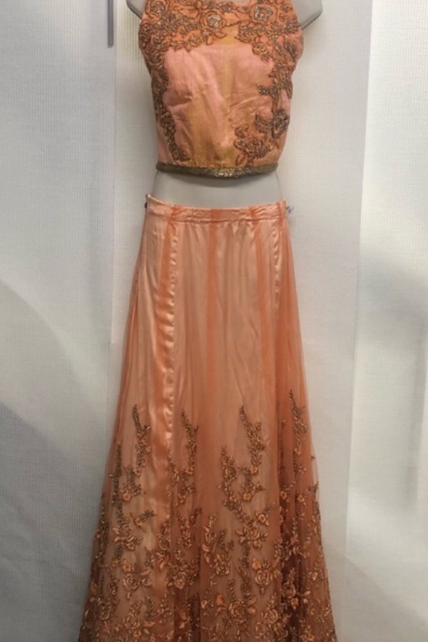 Same gown reconstructed into a two-piece crop top and skirt